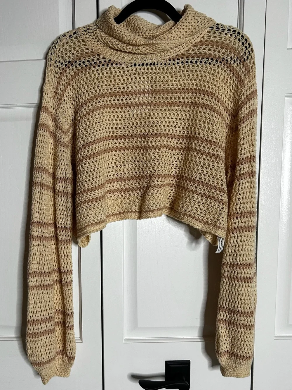 Free People Cropped Open-Knit Turtleneck Sweater in Beige and Brown